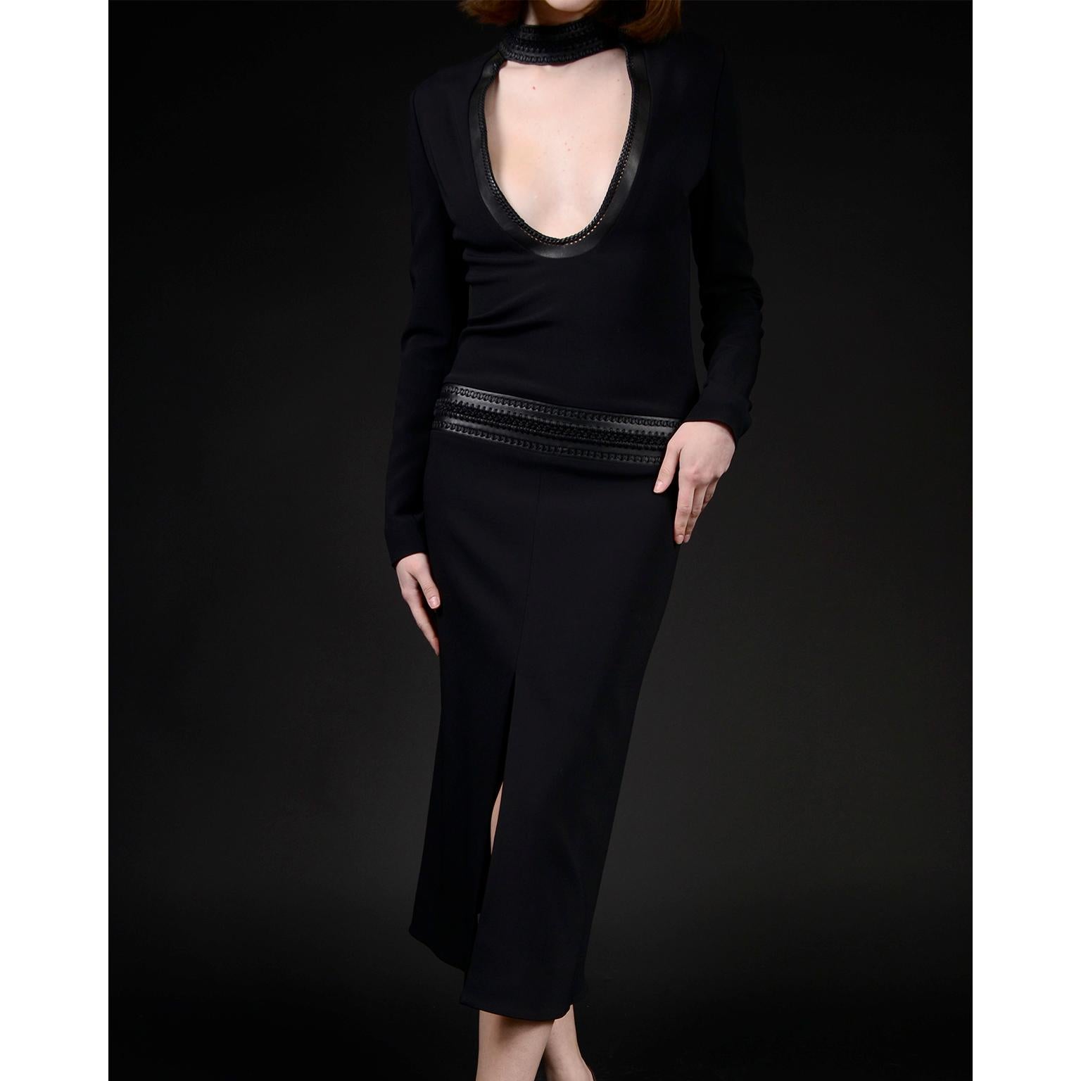 Women's or Men's Tom Ford Leather Collar Bodycon Black Low Cut Statement Runway Dress