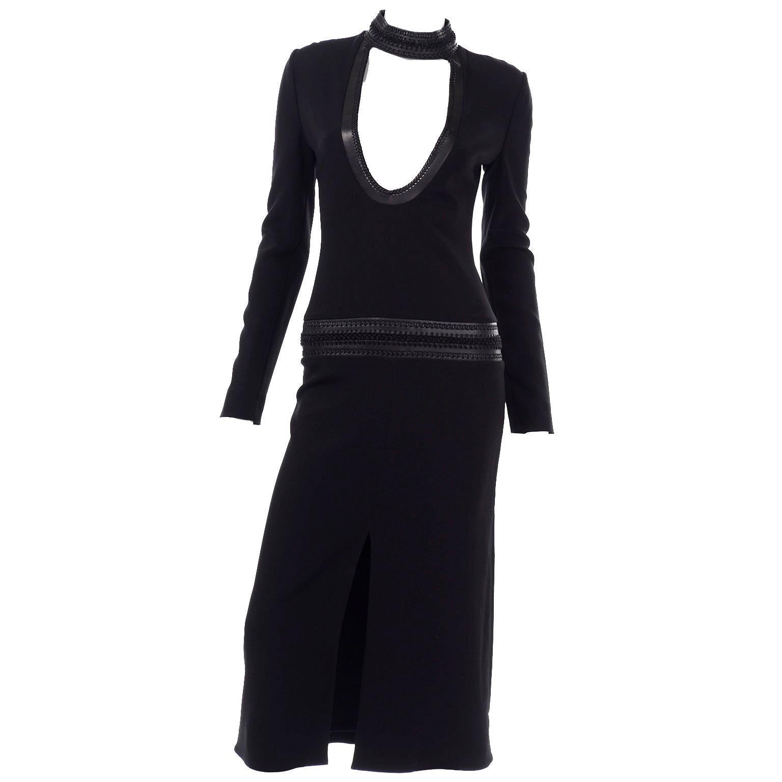 Tom Ford Leather Collar Bodycon Black Low Cut Statement Runway Dress