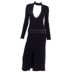 Tom Ford Leather Collar Bodycon Black Low Cut Statement Runway Dress