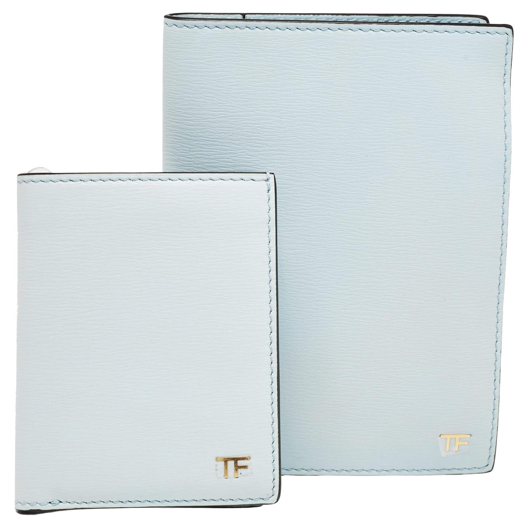 Tom Ford Light Turquoise Leather TF Passport Holder and Card Case Set