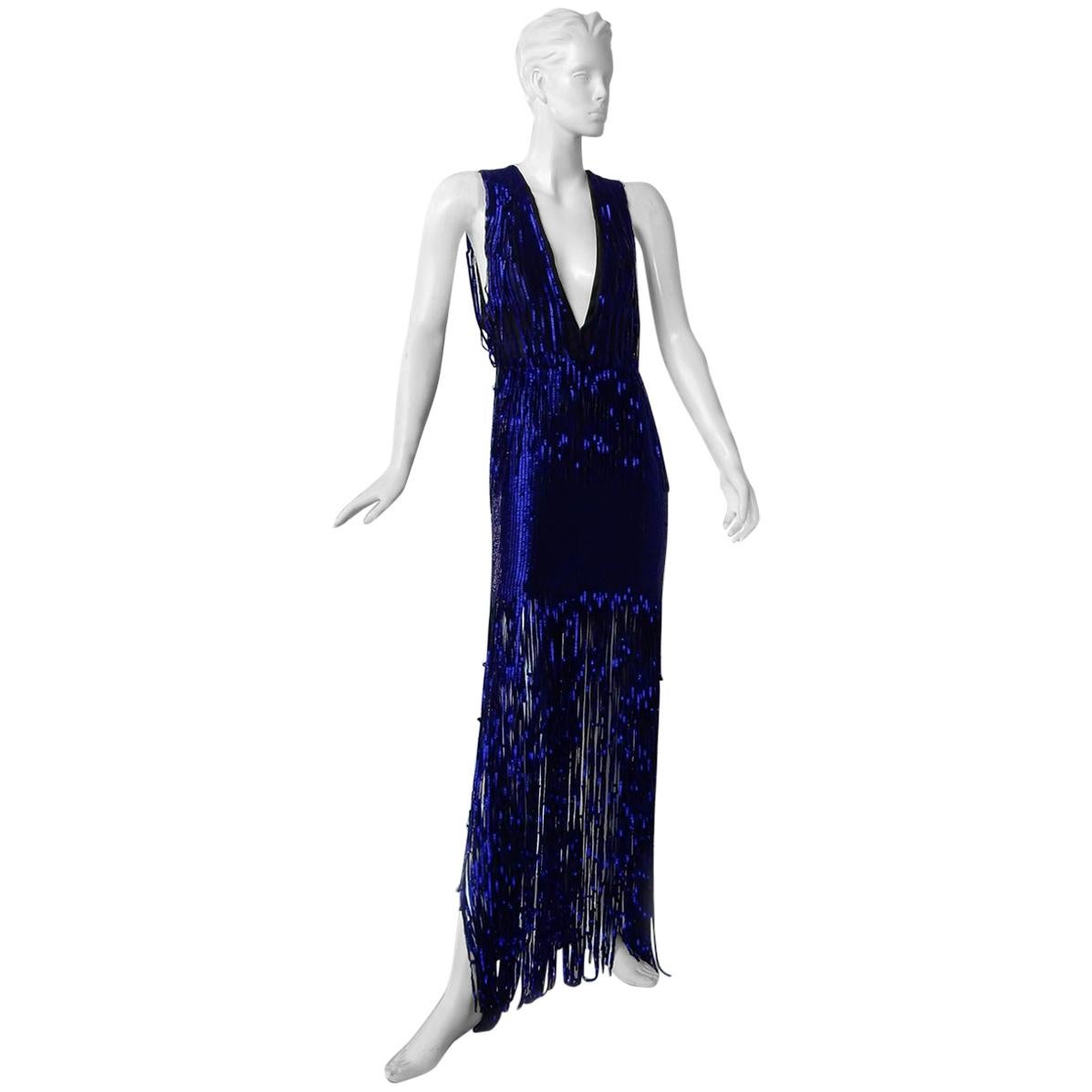 Tom Ford Limited  Deco Inspired Deep Blue Beaded Evening Dress For Sale