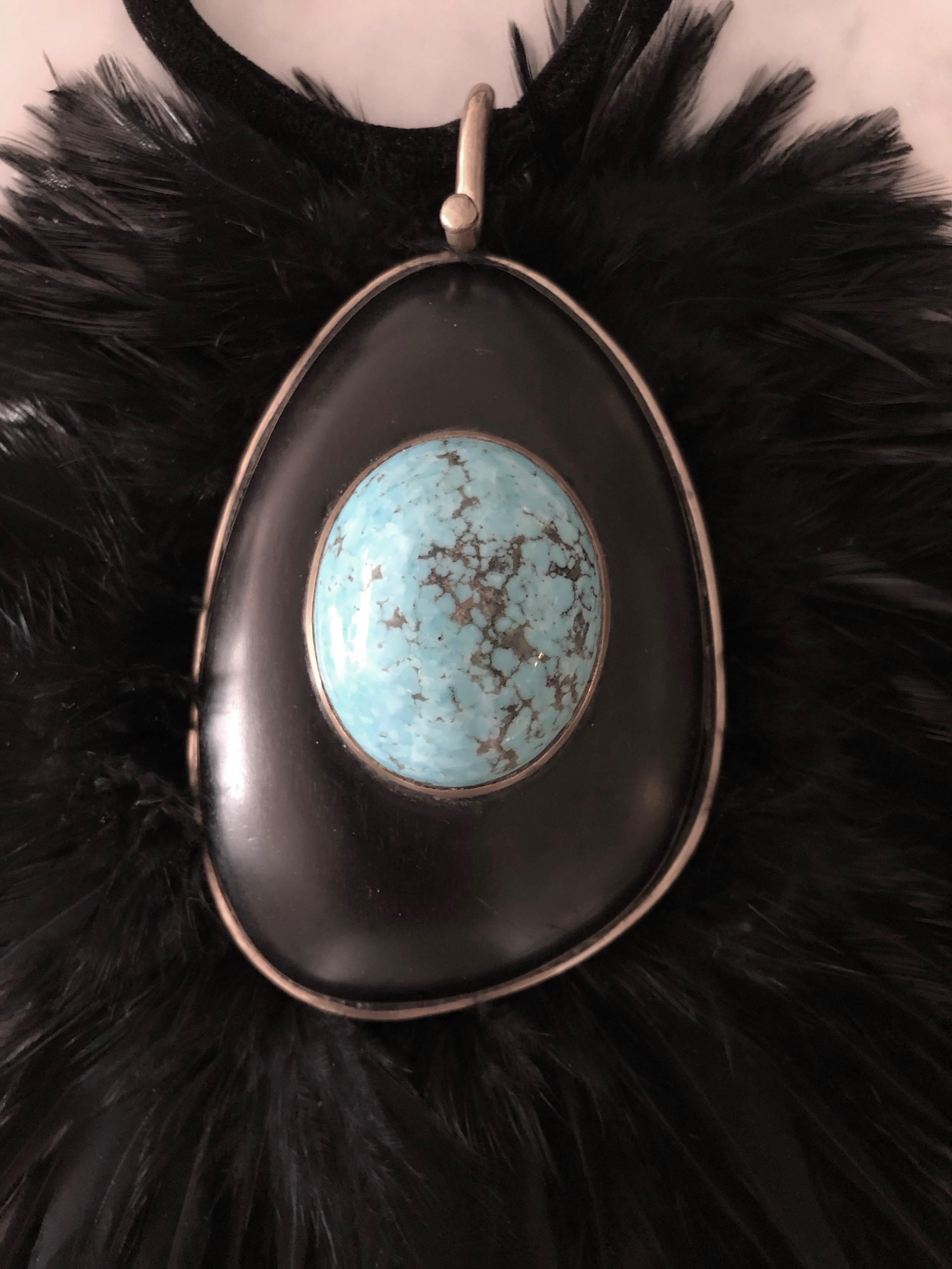 Organic Modern Tom Ford Lisa Eisner Turquoise and Feather Runway Statement Necklace