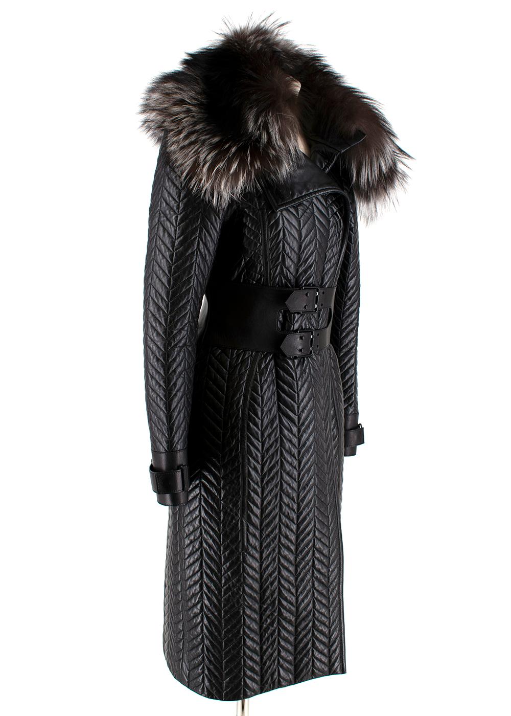 Tom Ford Longline Herringbone Lambskin & Fox Fur Belted Coat

- Soft glossy lambskin leather body of the coat
- herringbone quilted design
- Heavyweight material
- Very warm
- Wide belt to accentuate the waist
- Very flattering shape
- Long fox fur