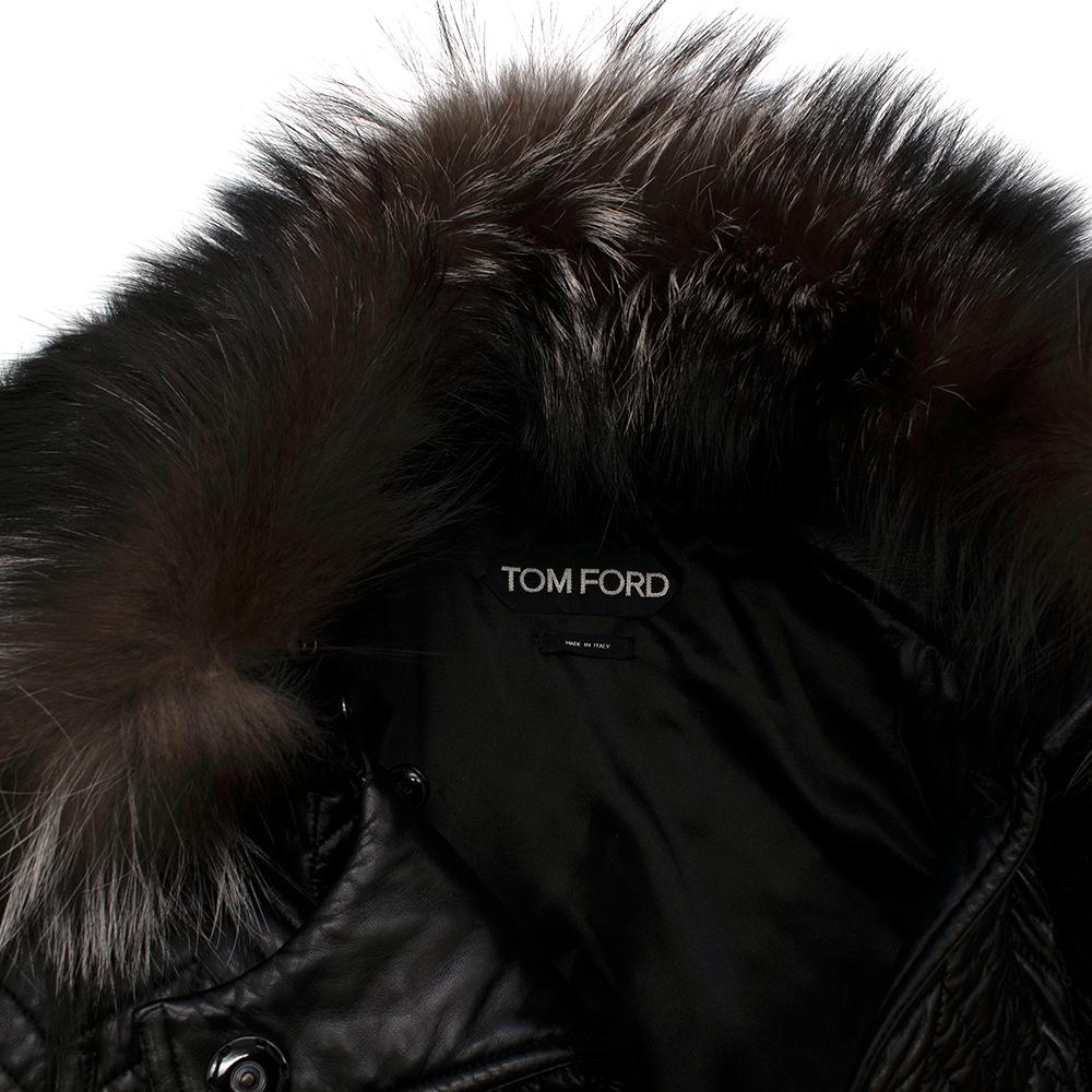 Black Tom Ford Longline Herringbone Lambskin & Fox Fur Belted Coat - Size US 4