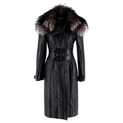 Tom Ford Longline Herringbone Lambskin & Fox Fur Belted Coat - Size US 4