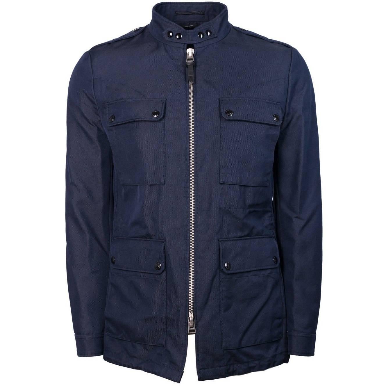 Tom Ford Men Blue Cotton Blend Twill Utilitarian Sport Jacket  For Sale