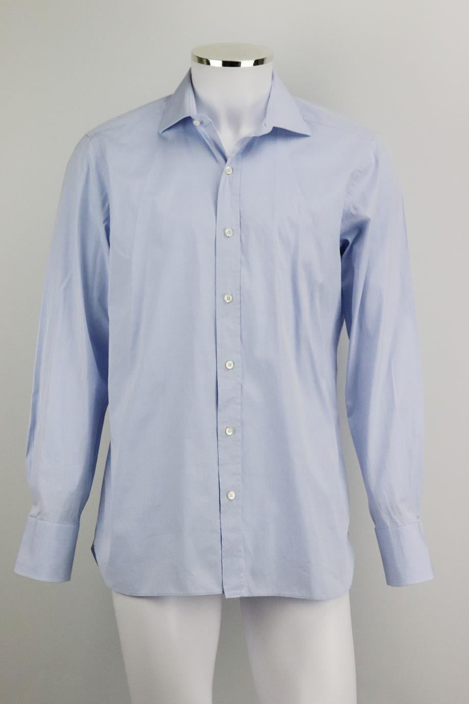 Tom Ford men's cotton shirt. Blue. Button fastening at front. 100% Cotton. Size: IT 52 (XLarge, UK/US Chest 42, UK/US Collar 16.5). Chest: 43 in. Waist: 40 in. Hips: 45 in. Length: 30 in
