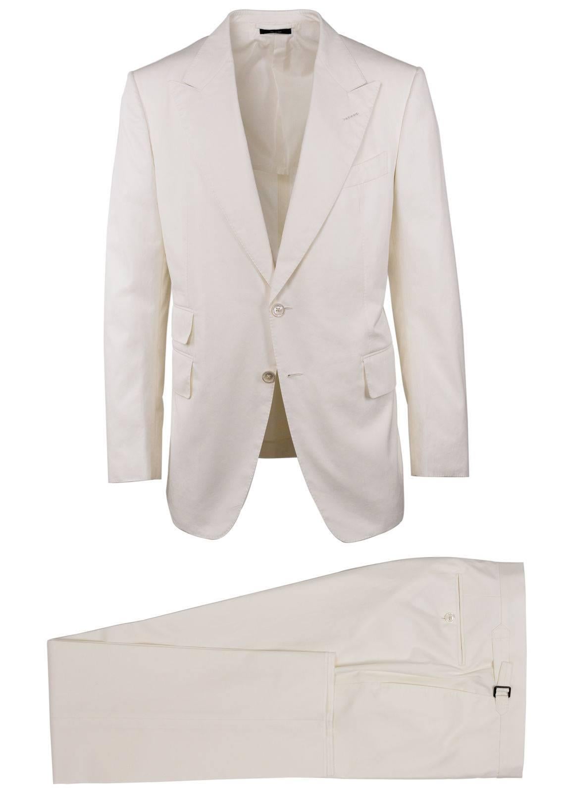 Tom Ford Men's Ivory Cotton Peak Lapel Two Piece Shelton Suit In Excellent Condition For Sale In Brooklyn, NY