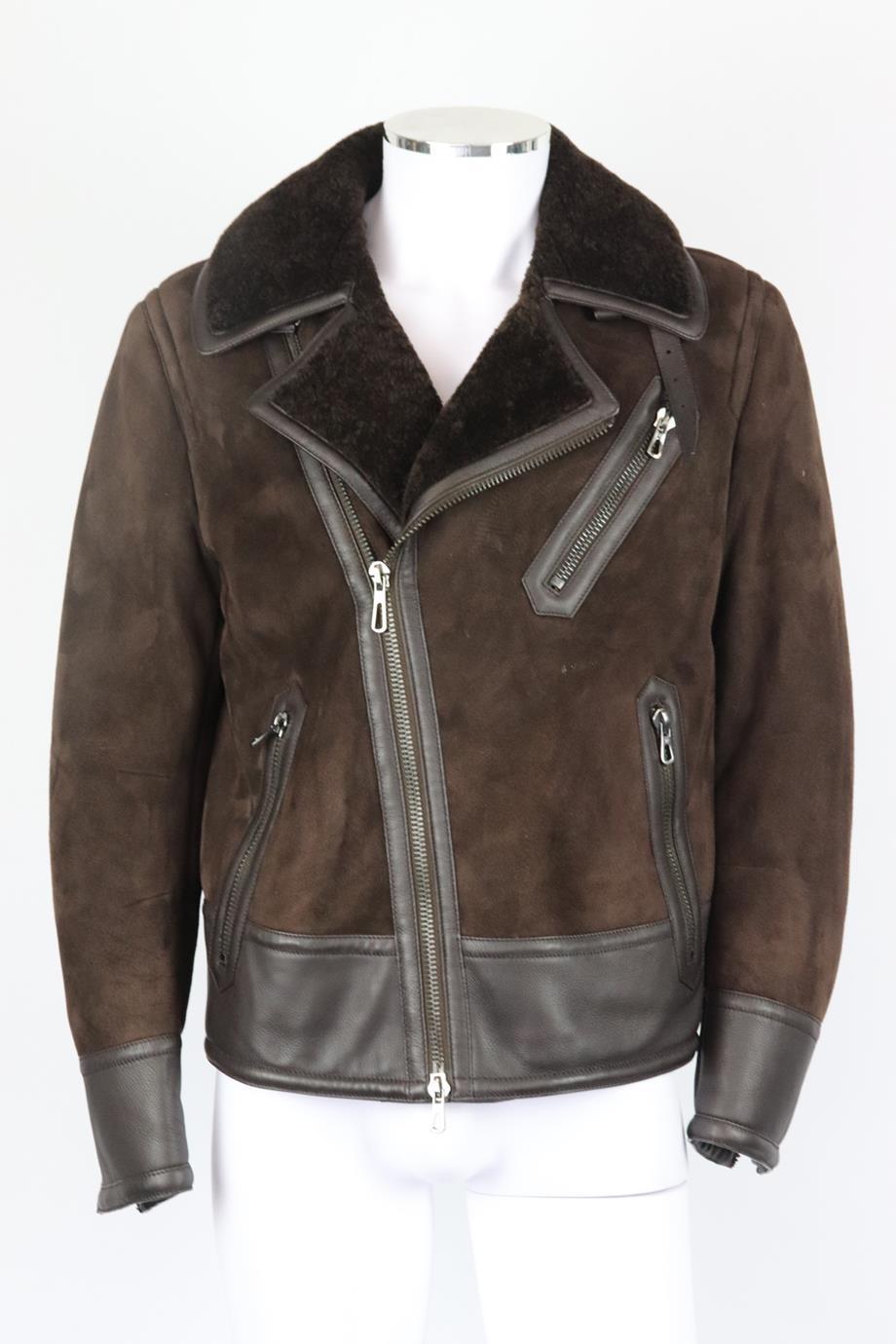 Tom Ford men's shearling lined suede and leather biker jacket. Brown. Long sleeve, v-neck. Zip fastening at front. 100% Shearling; fabric2: 100% calfskin; lining: 100% cupro. Size: IT 52 (XLarge, EU 52, UK/US Chest 42). Shoulder to shoulder: 18.75