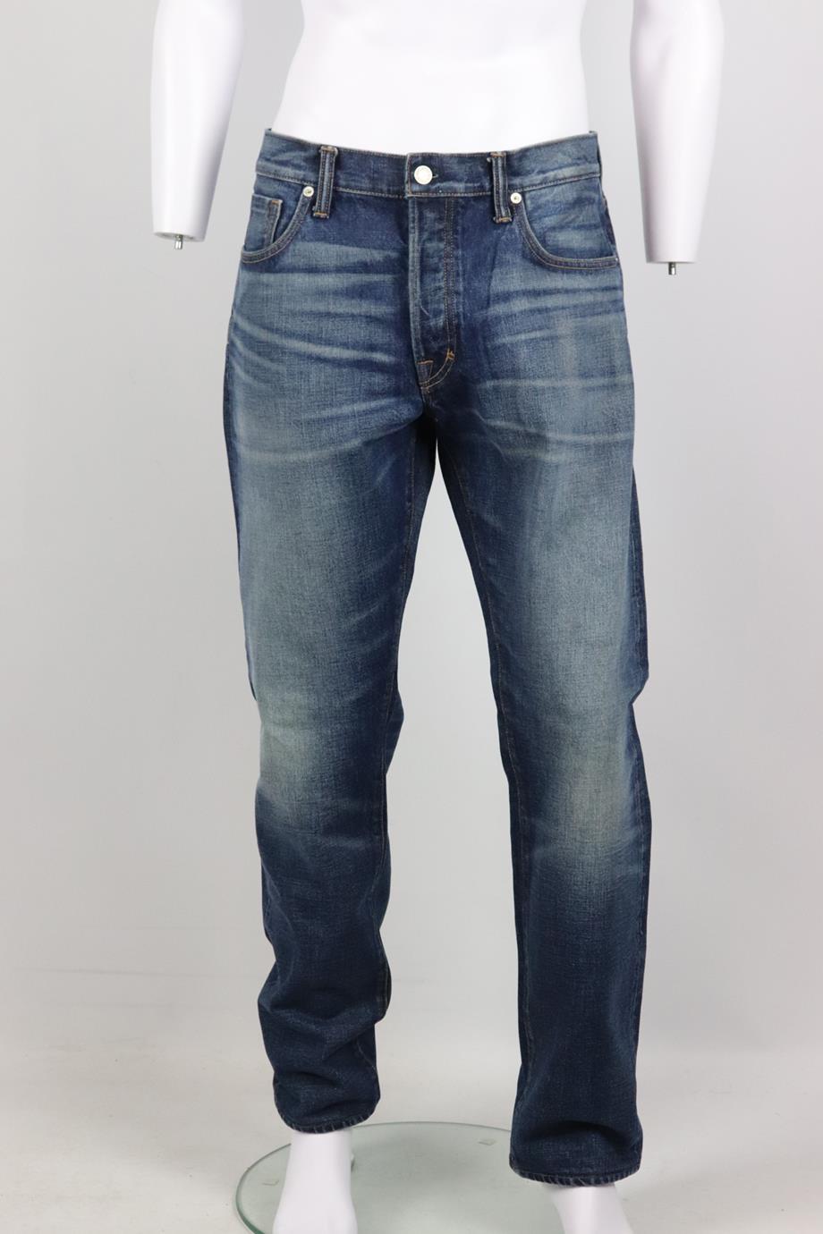 Tom Ford men's straight leg denim jeans. Blue. Button fastening at front. 100% Cotton. Size: UK/US Waist 34 (Large, IT 50). Waist: 35 in. Hips: 45 in. Length: 41 in. Inseam: 31.5 in. Rise: 11.5 in. Very good condition - No sign of wear; see pictures