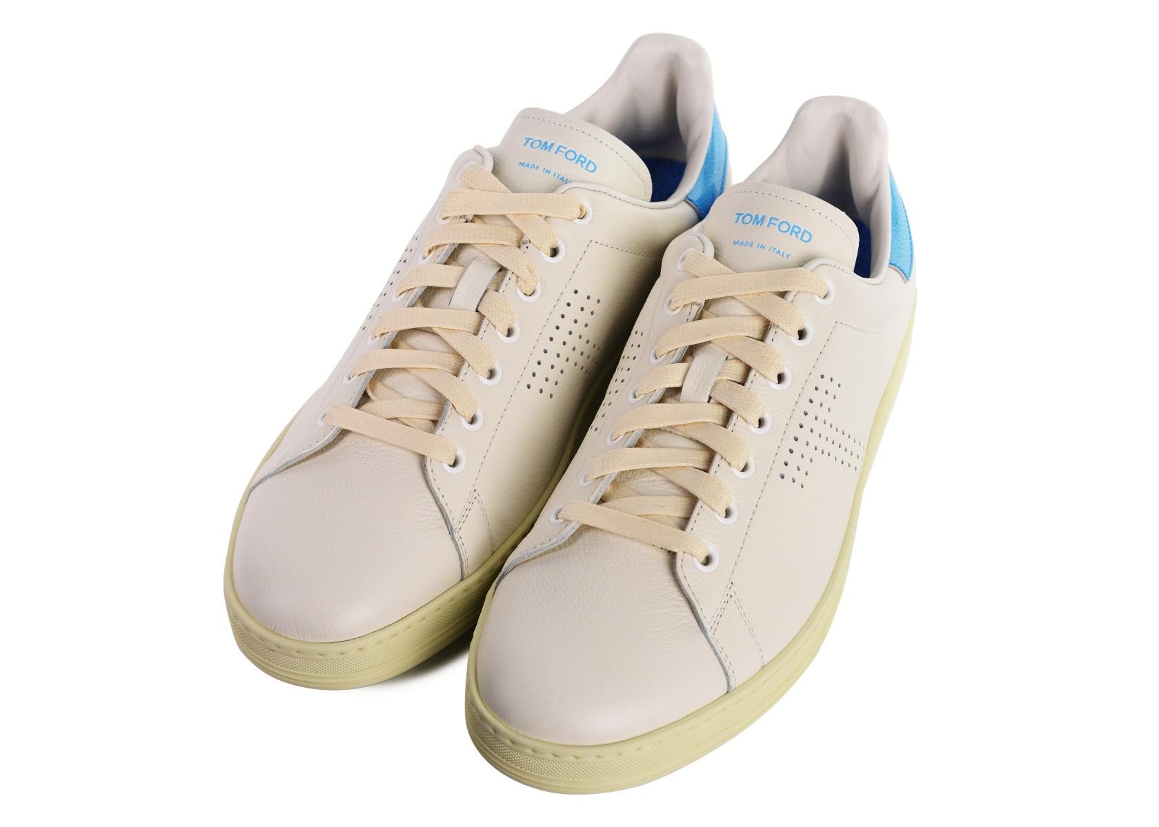 Tom Ford Mens White Blue Leather Warwick Low Top Sneakers im Zustand „Neu“ im Angebot in Brooklyn, NY