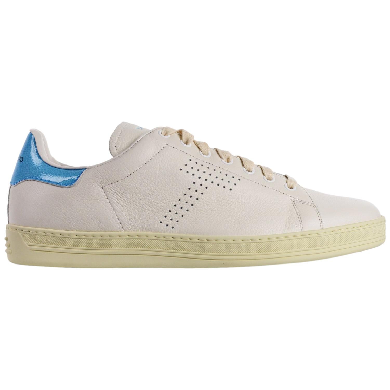 Tom Ford Mens White Blue Leather Warwick Low Top Sneakers im Angebot