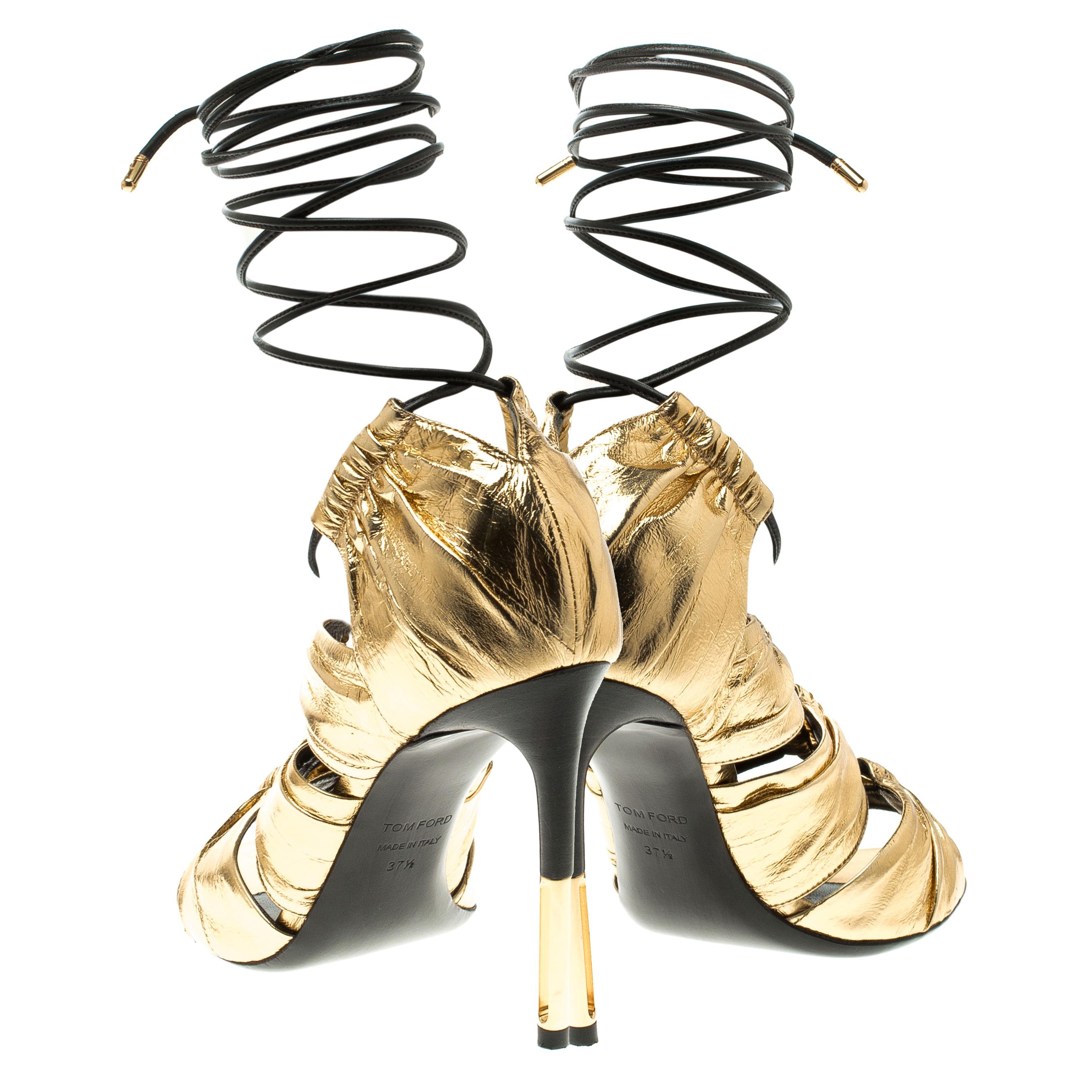 Tom Ford Metallic Gold Leather Stardust Lace Up Cage Sandals Size 37.5 im Zustand „Gut“ in Dubai, Al Qouz 2