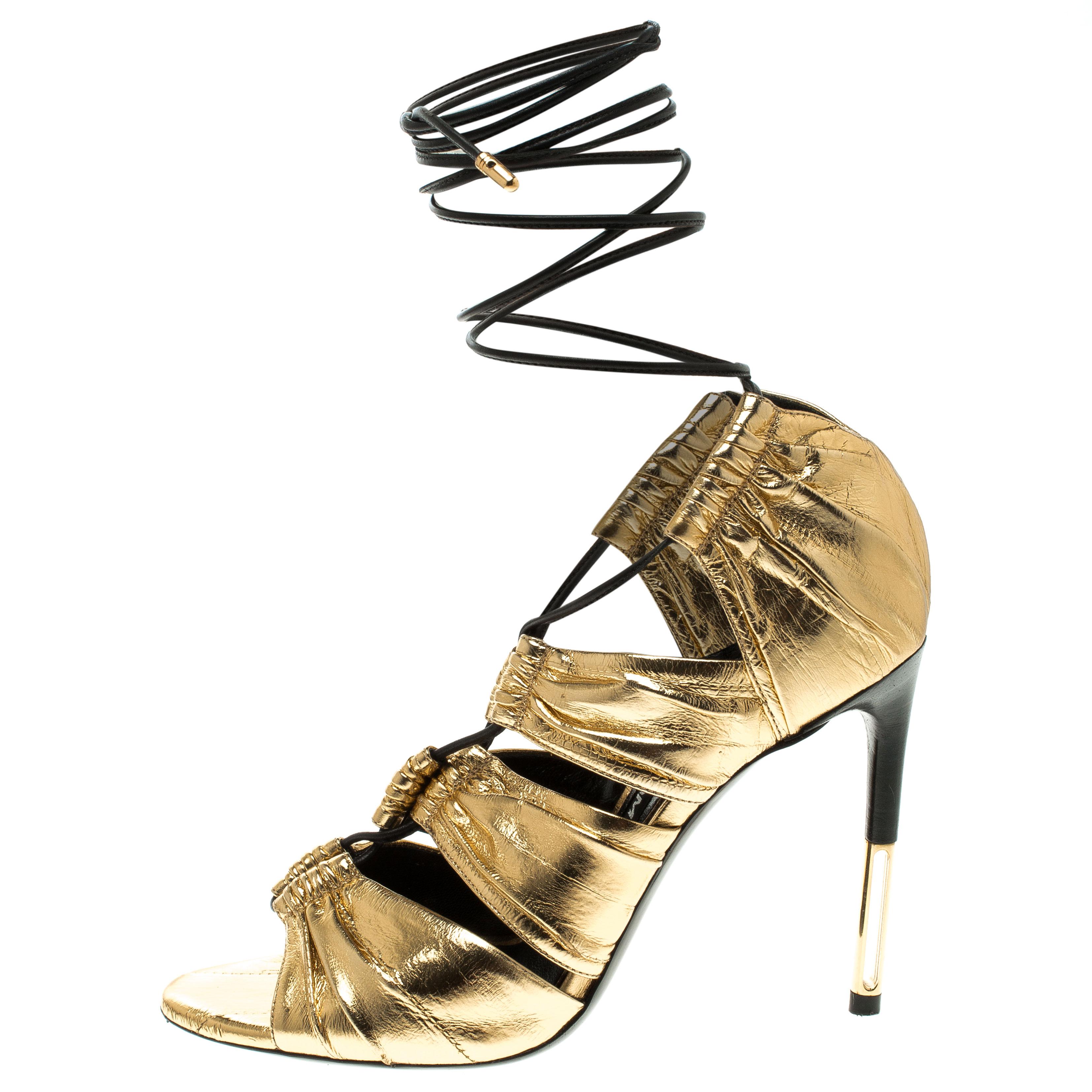 Tom Ford Metallic Gold Leather Stardust Lace Up Cage Sandals Size 37.5 Damen