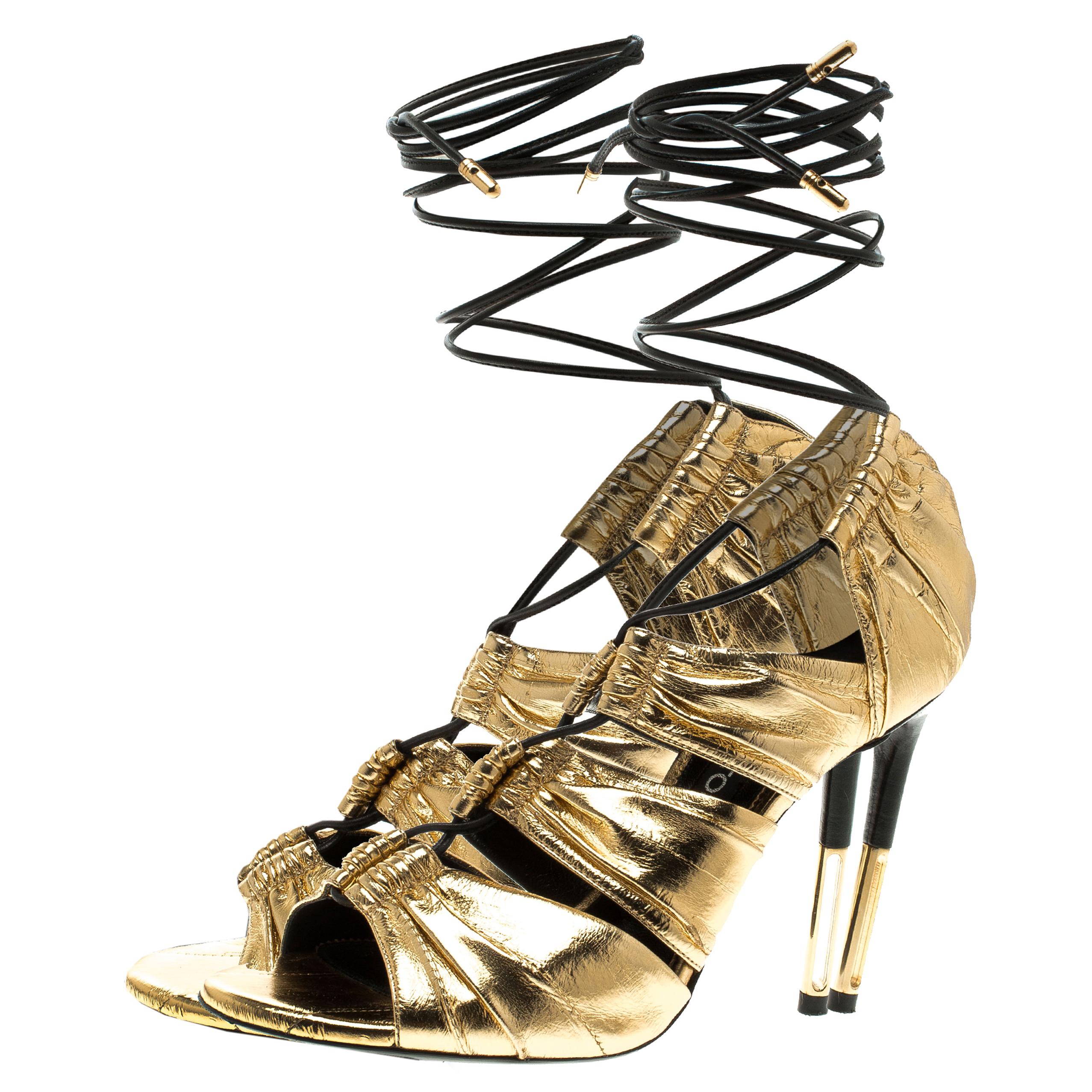 Tom Ford Metallic Gold Leather Stardust Lace Up Cage Sandals Size 37.5 1