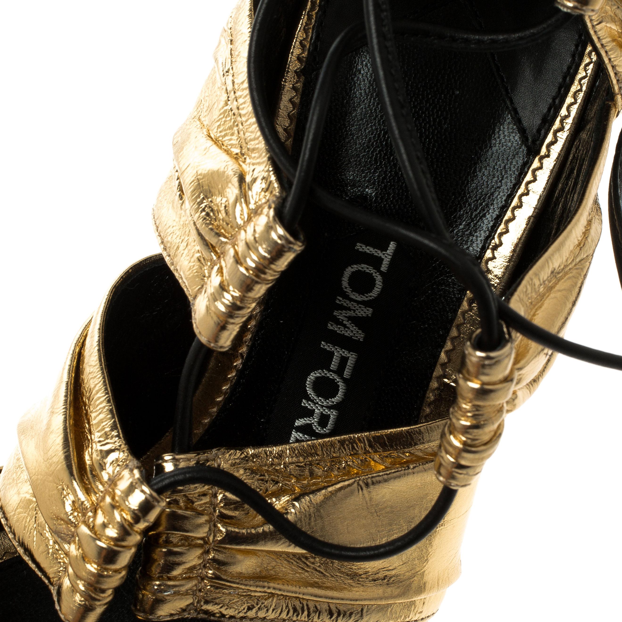 Tom Ford Metallic Gold Leather Stardust Lace Up Cage Sandals Size 37.5 3