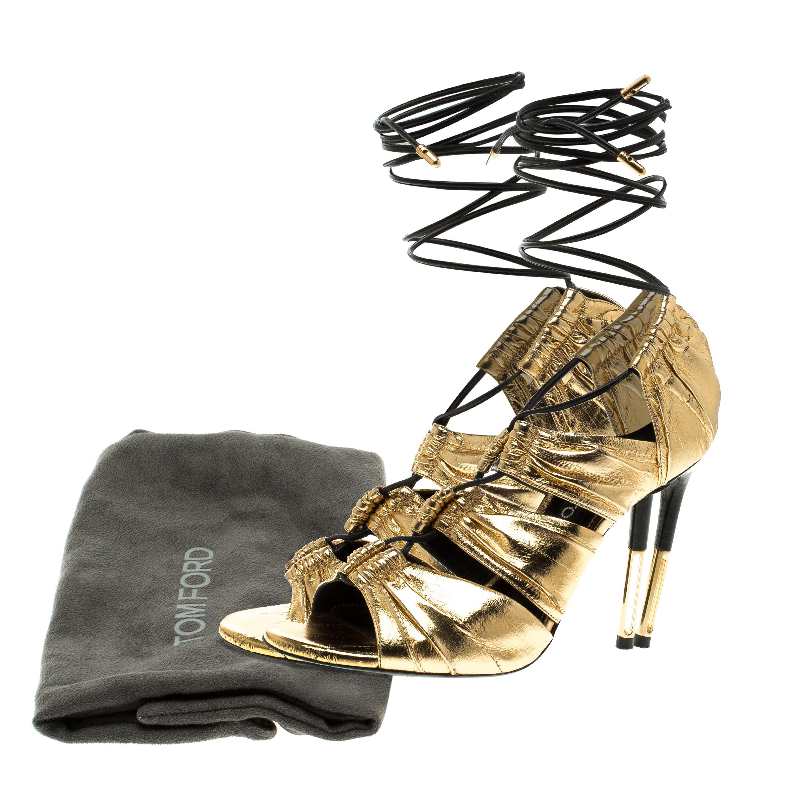 Tom Ford Metallic Gold Leather Stardust Lace Up Cage Sandals Size 37.5 4