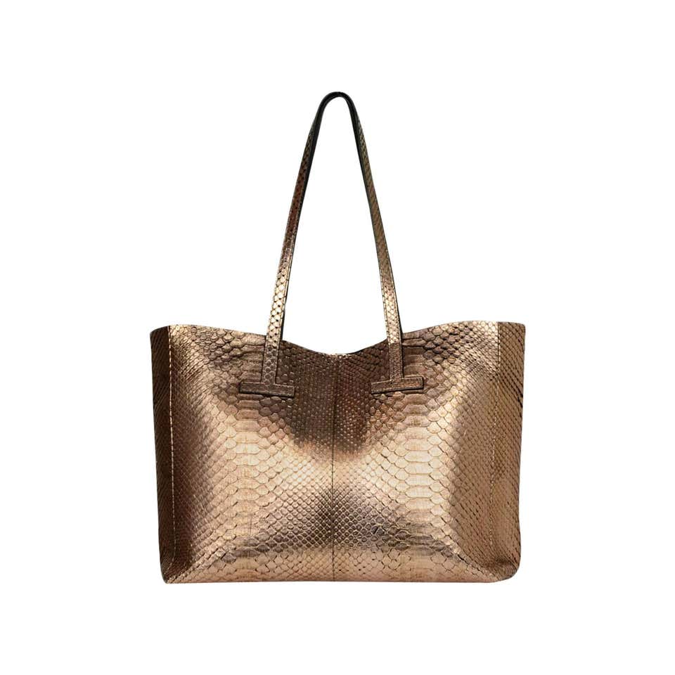 Tom Ford Metallic Rose Gold Python Snakeskin Small T Tote Bag For Sale ...