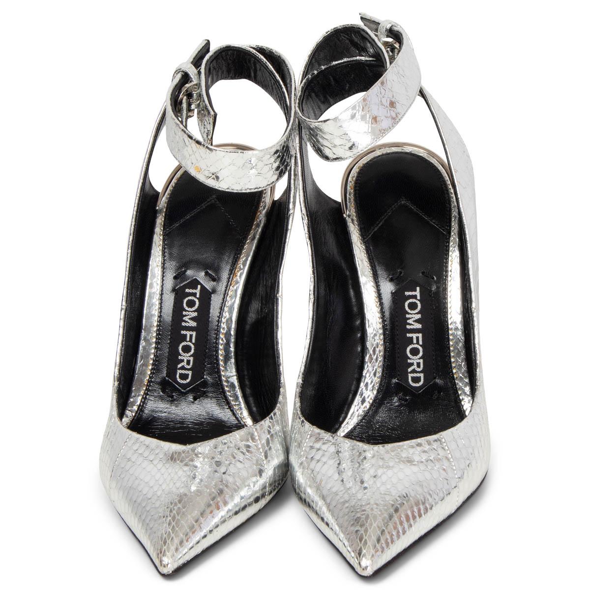 100% authentic Tom Ford pointed-toe wedge sandals in metallic silver python features a hidden ankle-strap buckle closure. Have been worn once and are in virtually new condition. Come with dust bag. 

Measurements
Imprinted Size	37
Shoe