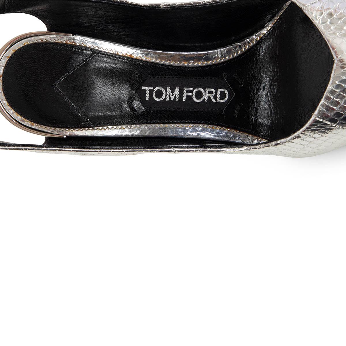 TOM FORD metallic silver PYTHON Wedge Ankle Strap Pumps Shoes 37 In Excellent Condition For Sale In Zürich, CH