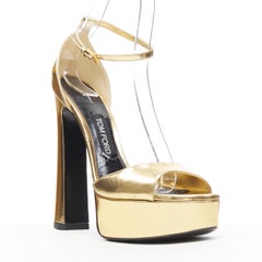 TOM FORD mirrored gold leather open toe platform chunky heel sandal EU39