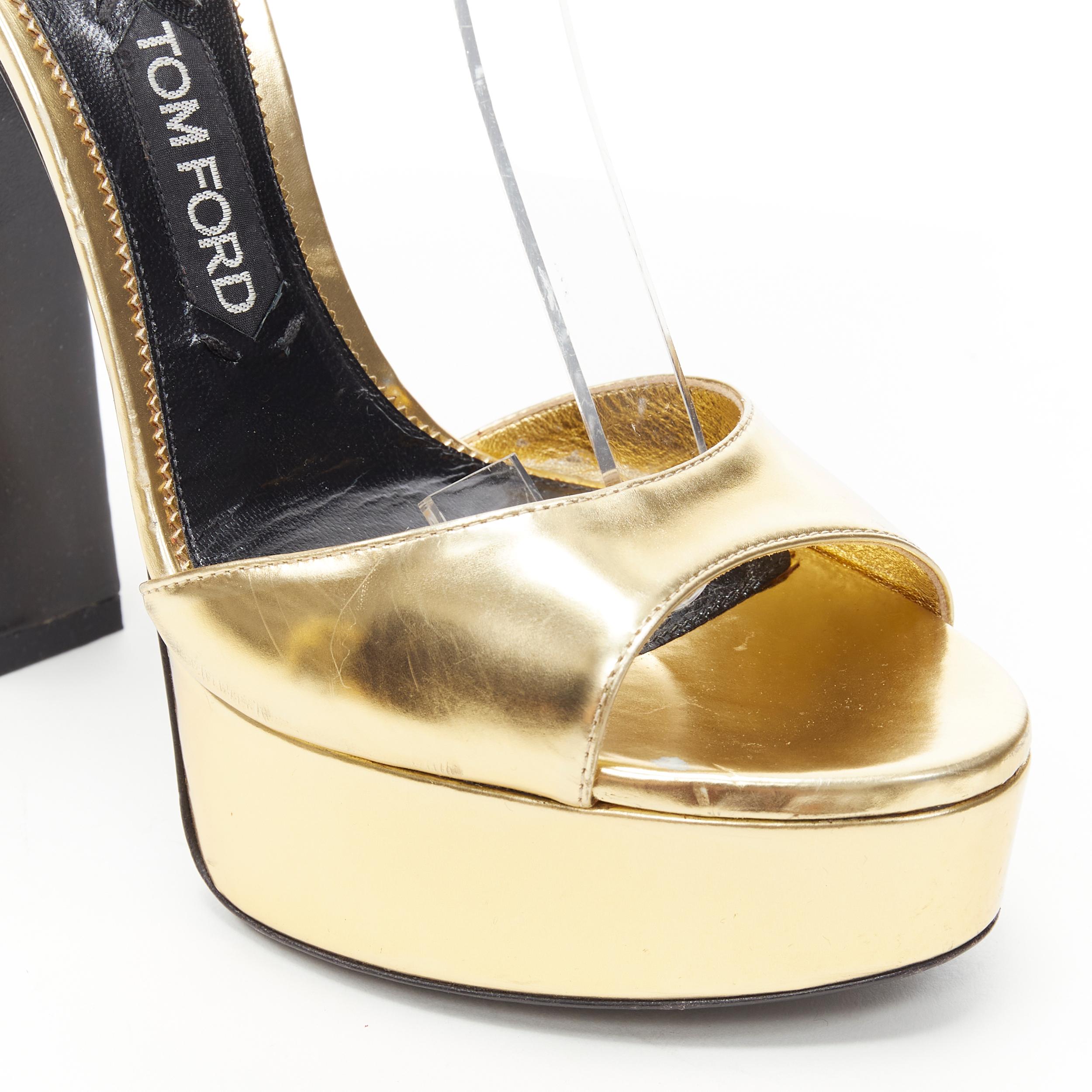 TOM FORD mirrored gold leather open toe platform chunky heel sandal EU39 In Good Condition In Hong Kong, NT
