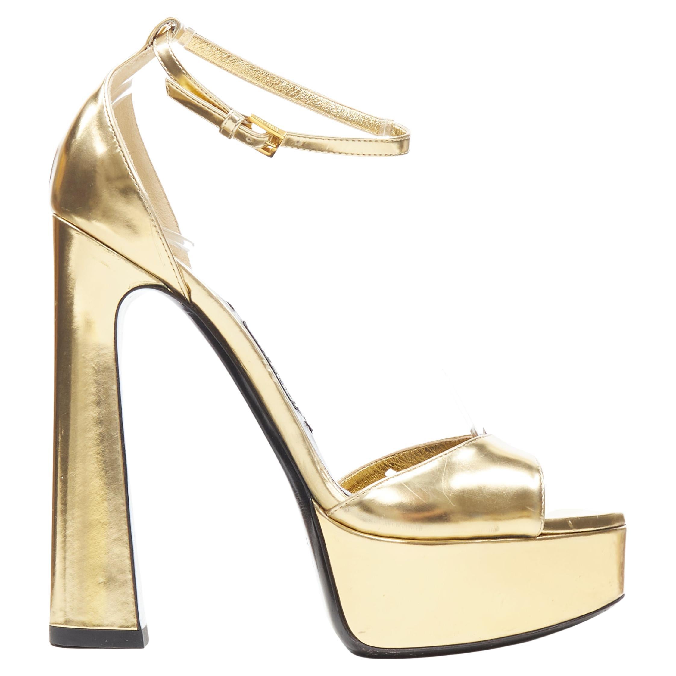 TOM FORD mirrored gold leather open toe platform chunky heel sandal EU39