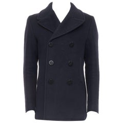 TOM FORD navy 100% wool leather trim double breasted pea coat IT48 M