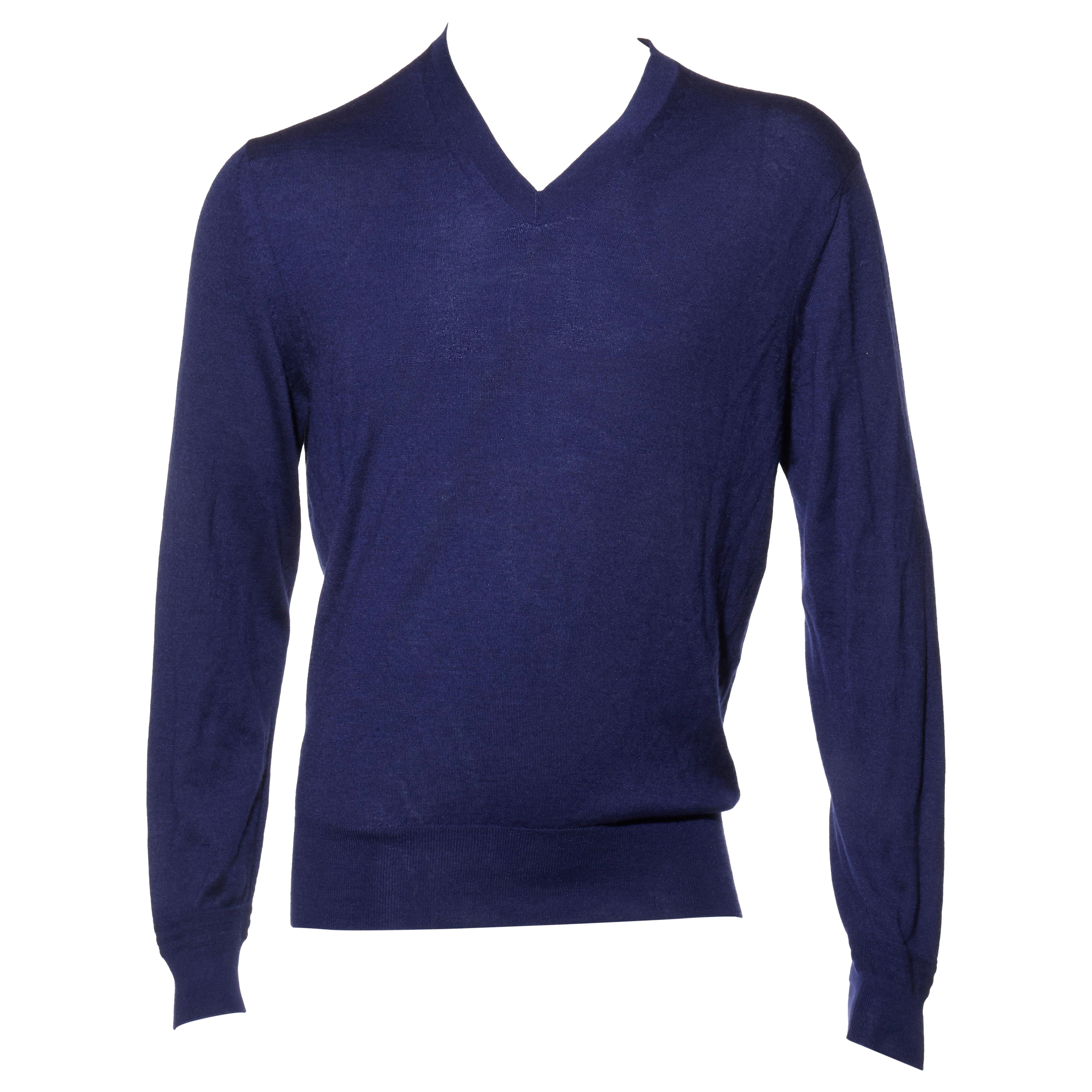 Tom Ford Navy Blue Cashmere-Silk V-Neck Sweater, Tricots pour hommes, Made in Italy