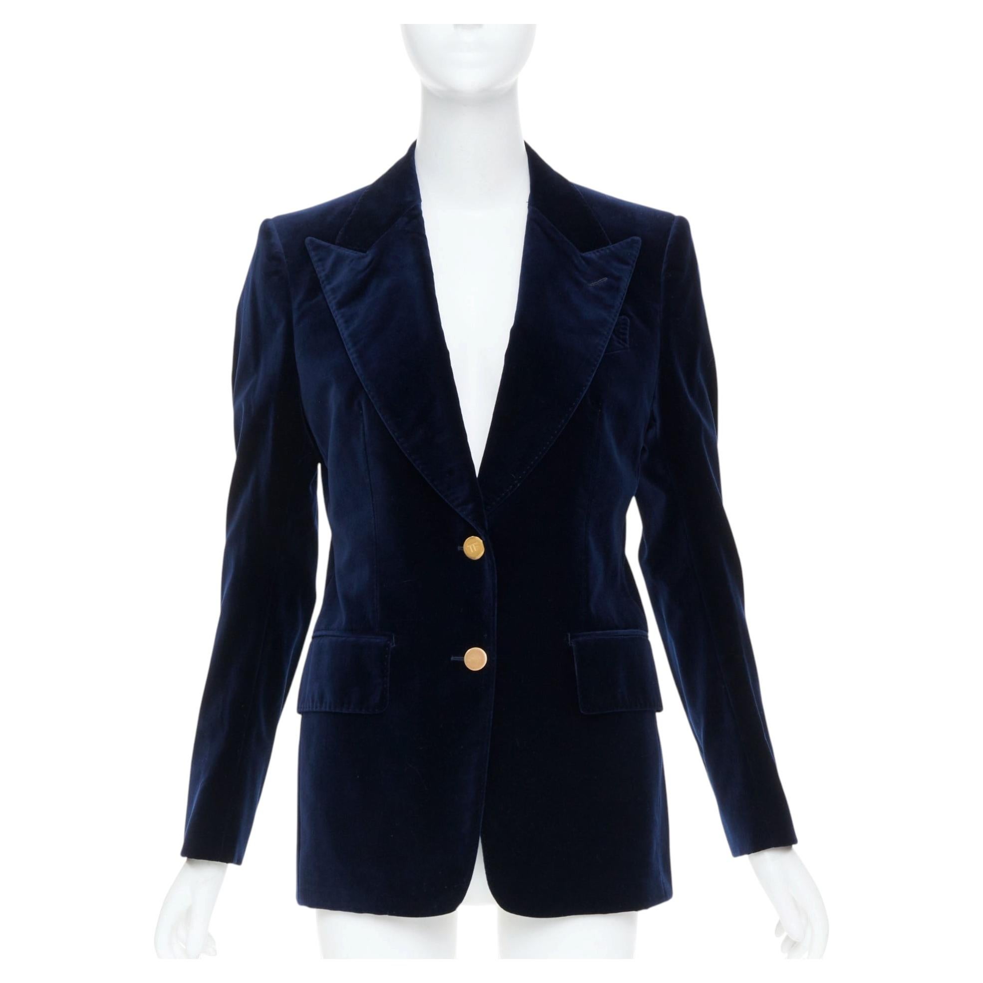 Pre-owned Tom Ford Navy Cotton Velvet Gold Button Wide Peak Lapel Blazer Jacket It38 Xs In Blue