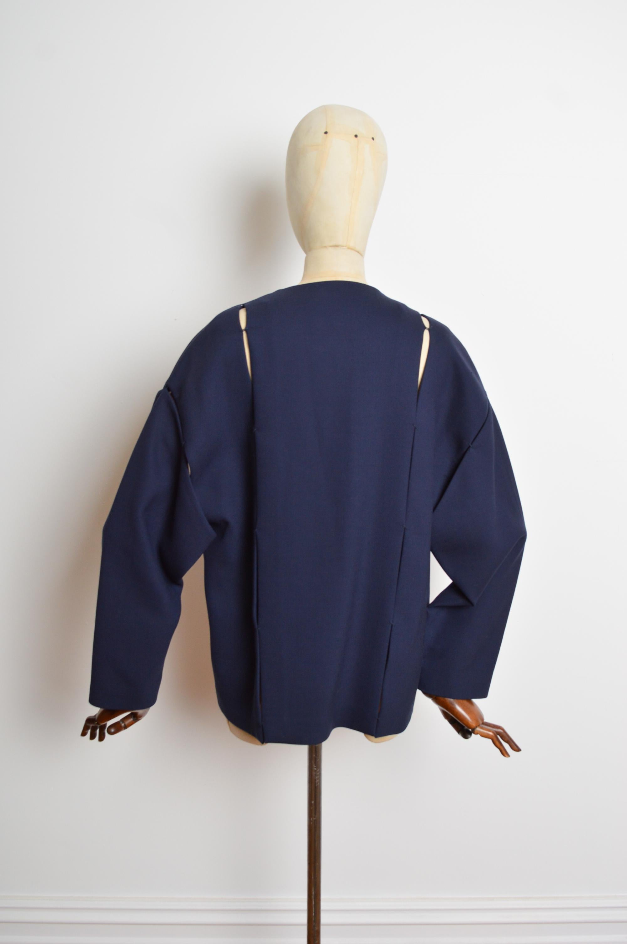 TOM FORD Navy Midnight blue Structured Collarless Cocoon Jacket For Sale 6
