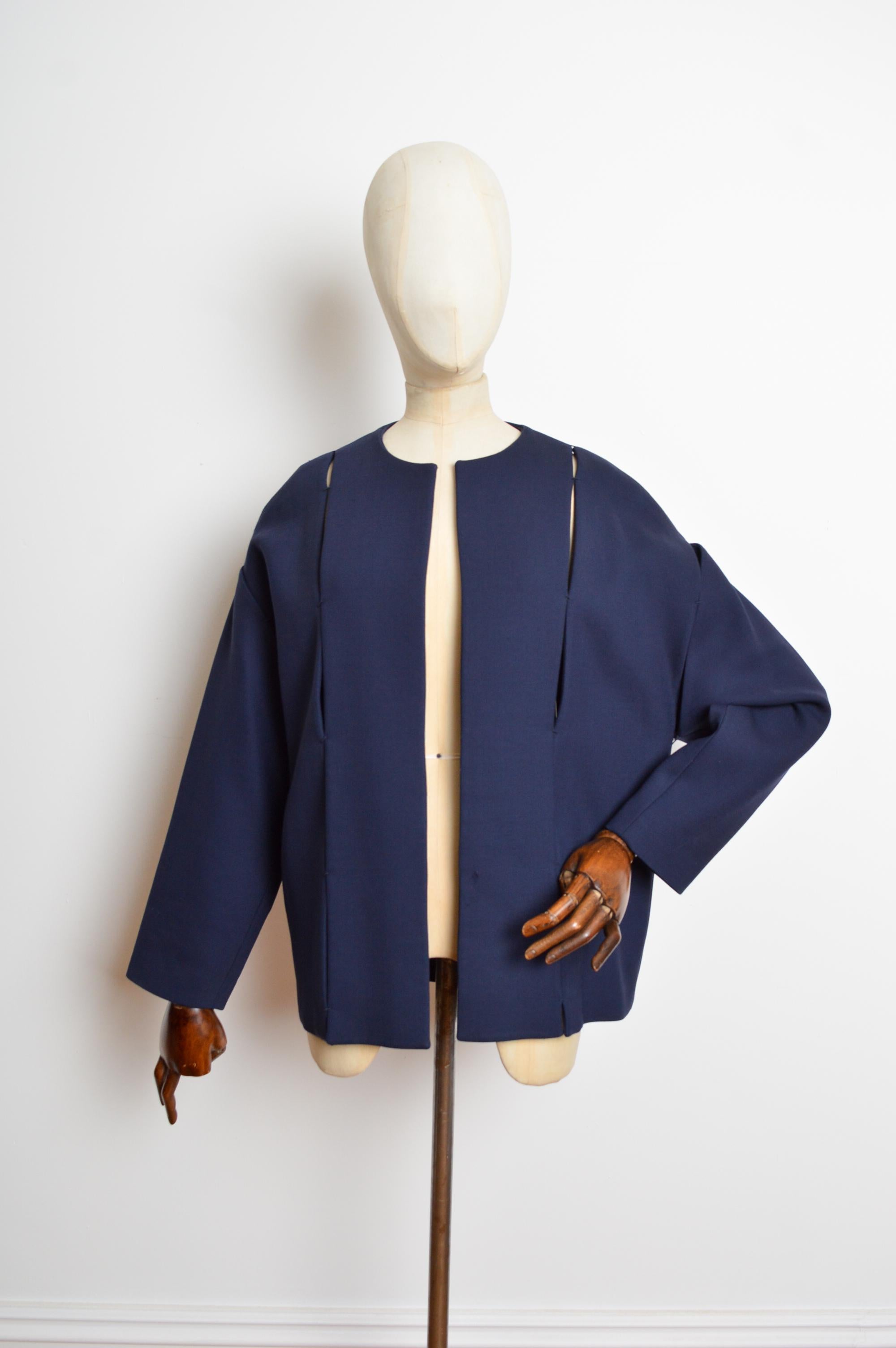 Black TOM FORD Navy Midnight blue Structured Collarless Cocoon Jacket For Sale