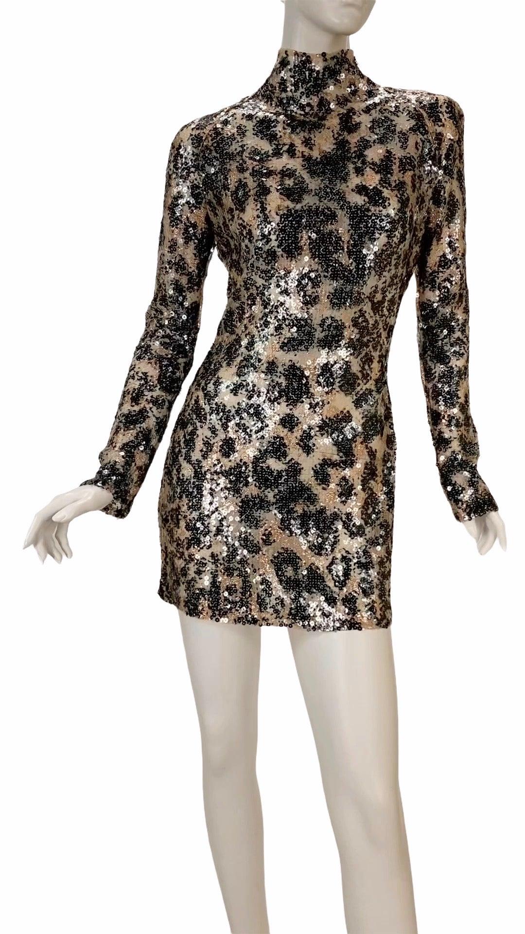Gray TOM FORD Nude Colored Leopard Print Hand Embroidered Sequined Lace Mini Dress  4