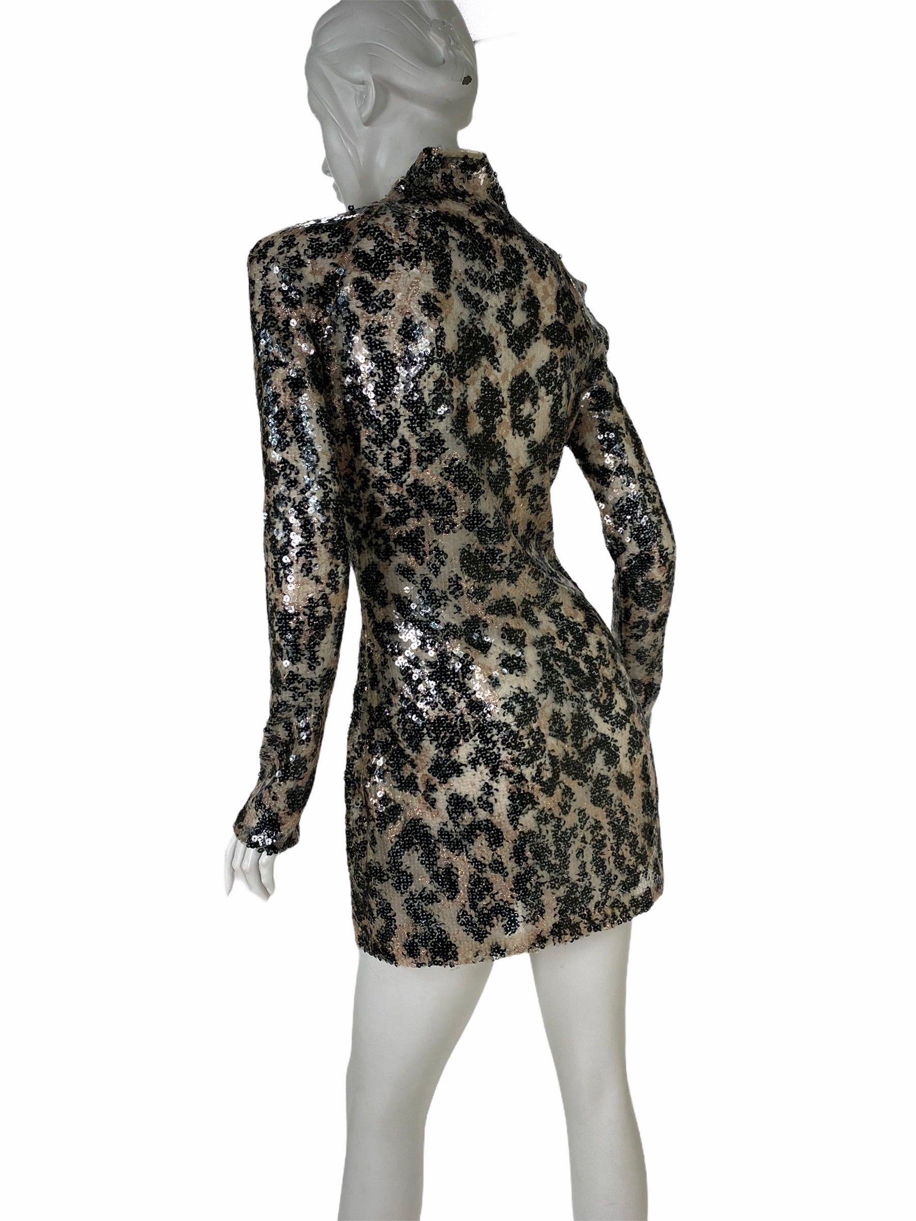 TOM FORD Nude Colored Leopard Print Hand Embroidered Sequined Lace Mini Dress  4 In Excellent Condition In Montgomery, TX