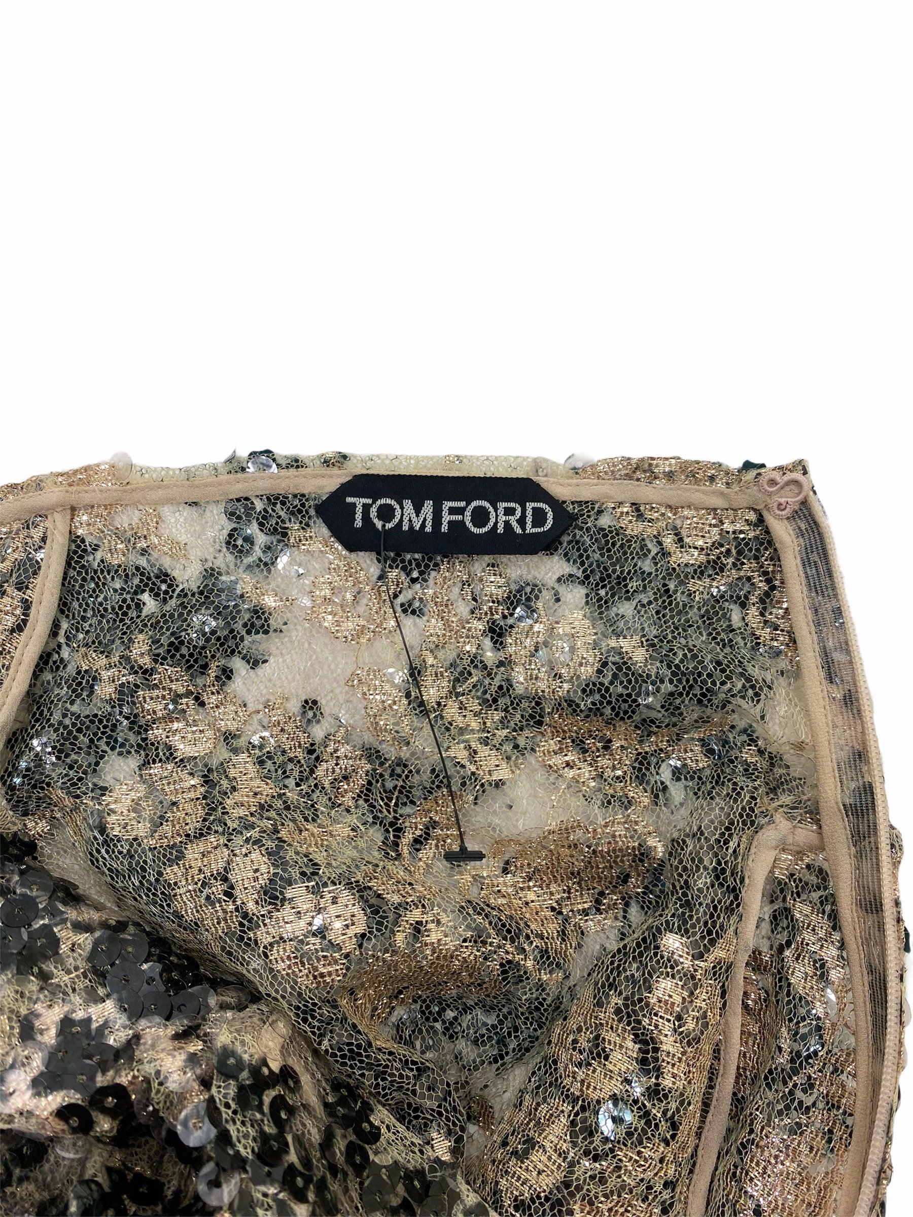 Women's TOM FORD Nude Colored Leopard Print Hand Embroidered Sequined Lace Mini Dress  4