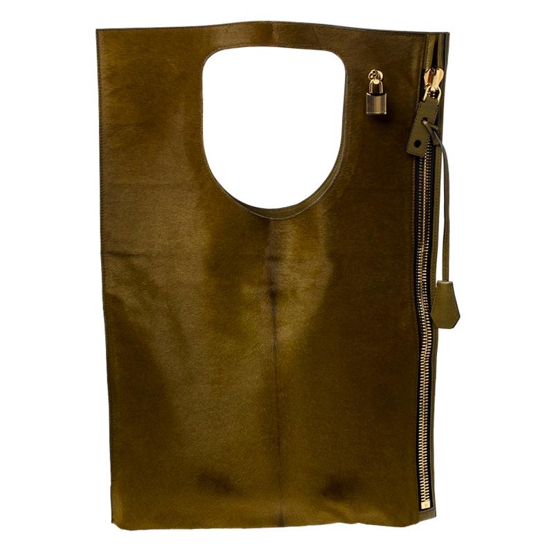 Tom Ford Olive Calf Hair Alix Padlock/Zip Shoulder Bag For Sale at 