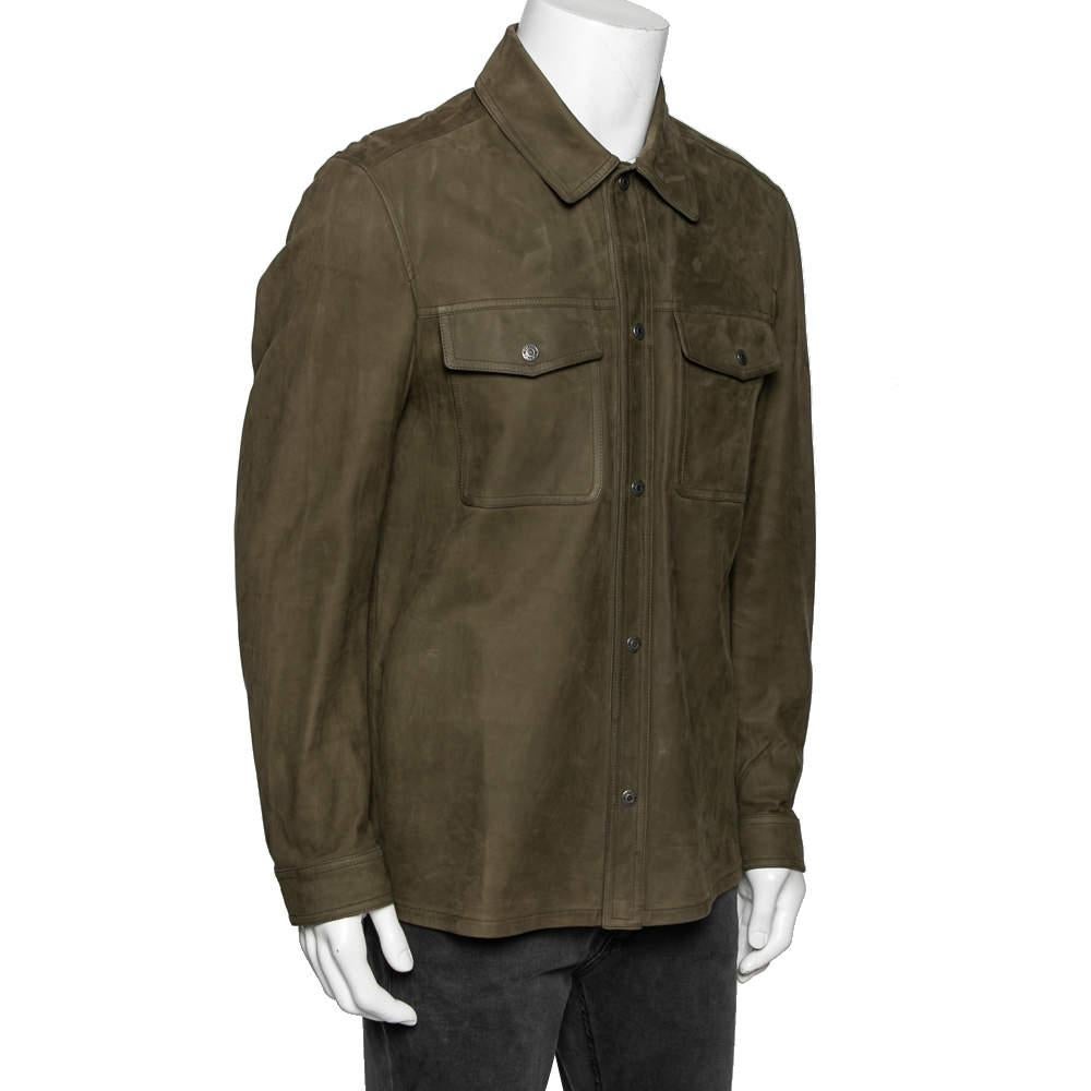 Black Tom Ford Olive Green Leather Button Front Jacket XL For Sale