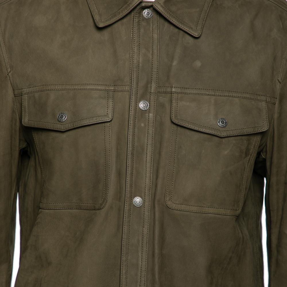 Tom Ford Olive Green Leather Button Front Jacket XL For Sale 1
