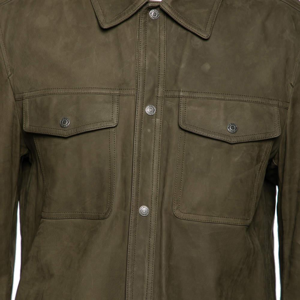 Tom Ford Olive Green Leather Button Front Jacket XL For Sale 4