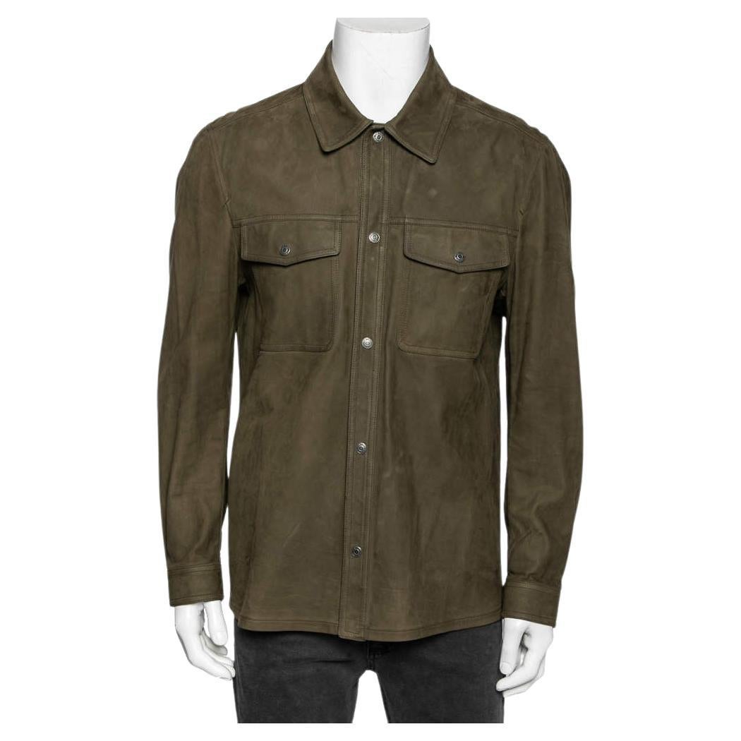 Tom Ford Olive Green Leather Button Front Jacket XL For Sale