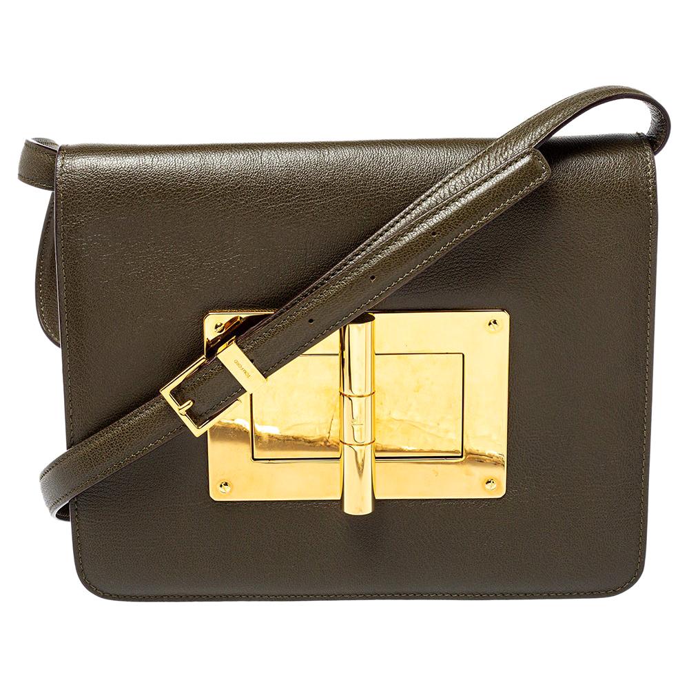 Tom Ford Olive Green Leather Large Natalia Shoulder Bag For Sale