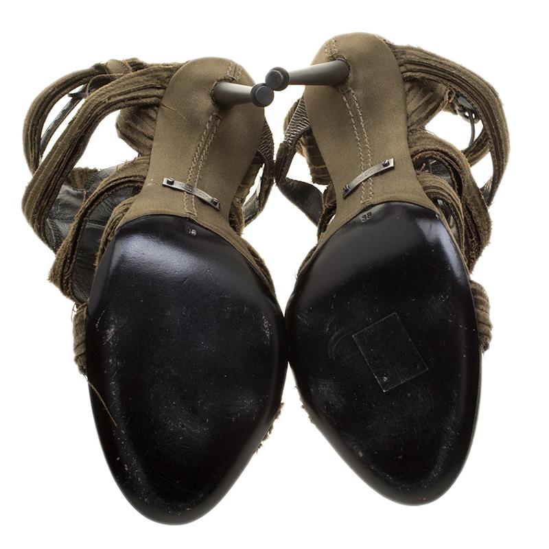 Tom Ford Olive Green Satin Raw Edge Finish Cross Strap Peep Toe Sandals Size 38 1
