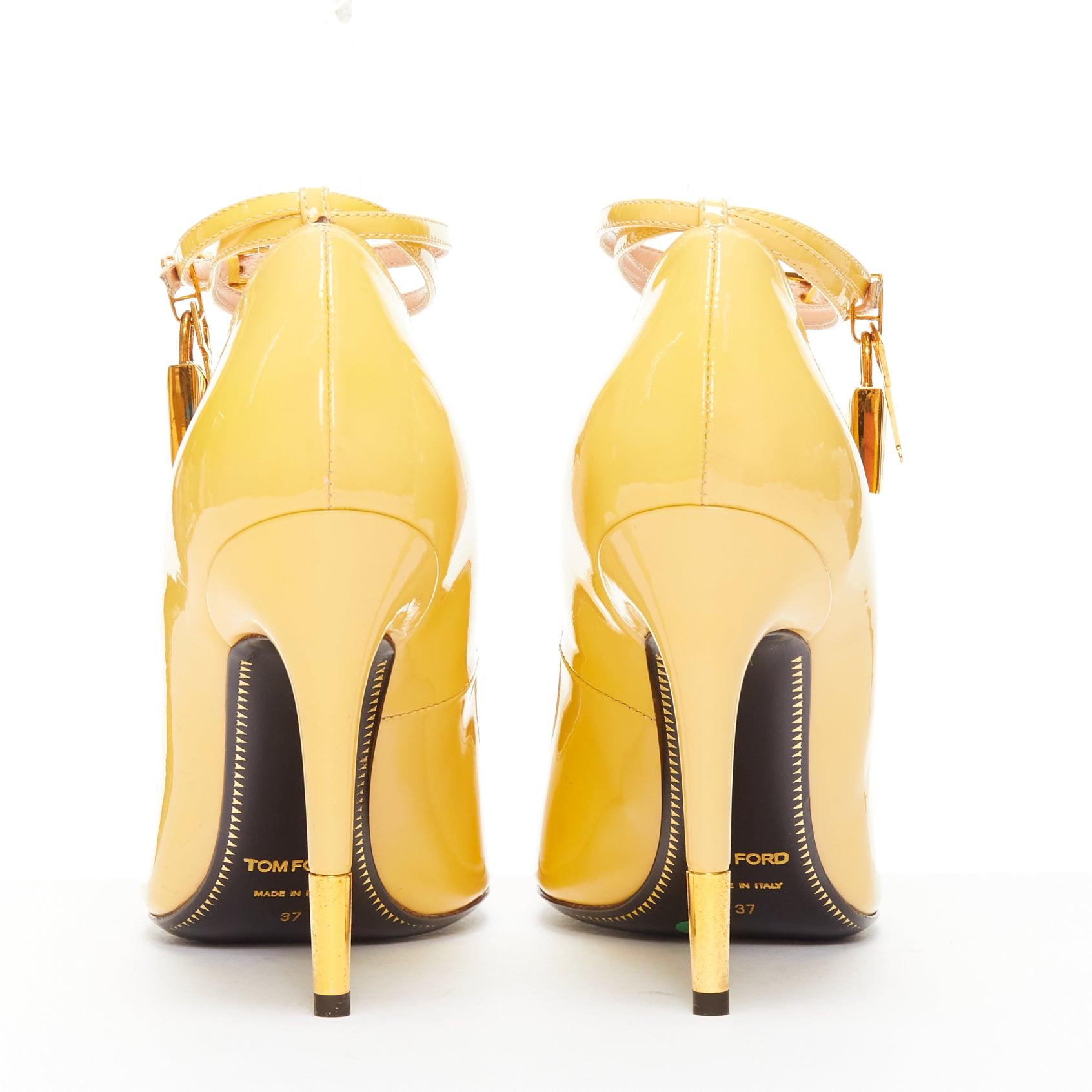 TOM FORD Padlock yellow patent leather gold key lock charm strappy sandals EU37 For Sale 1