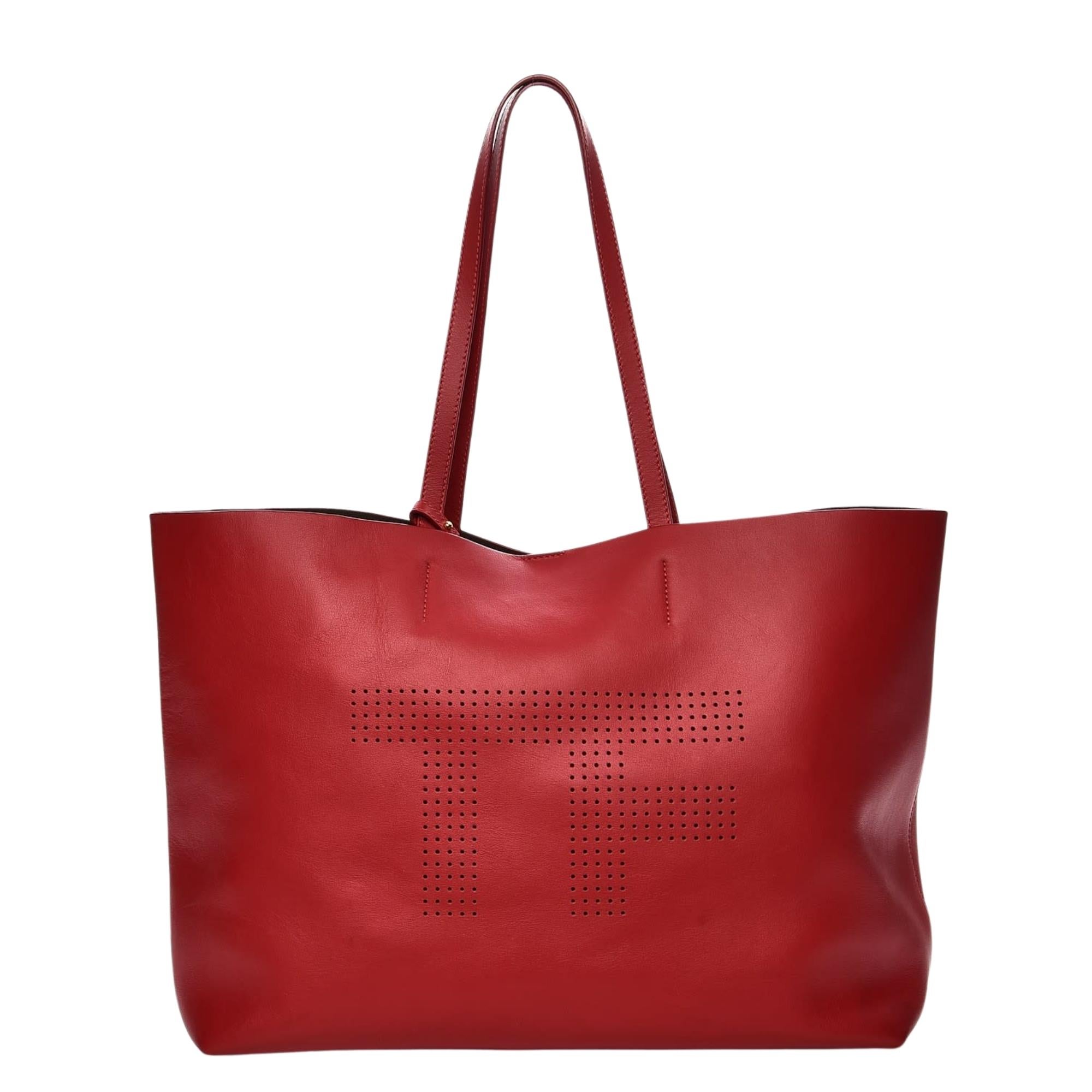 Tom Ford Perforated Logo Red Calfskin Tote Bag