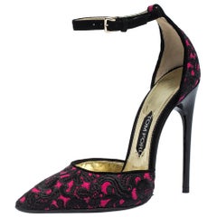 Tom Ford Pink/Black Embroidered Suede D'Orsay Ankle Strap Pumps Size 38