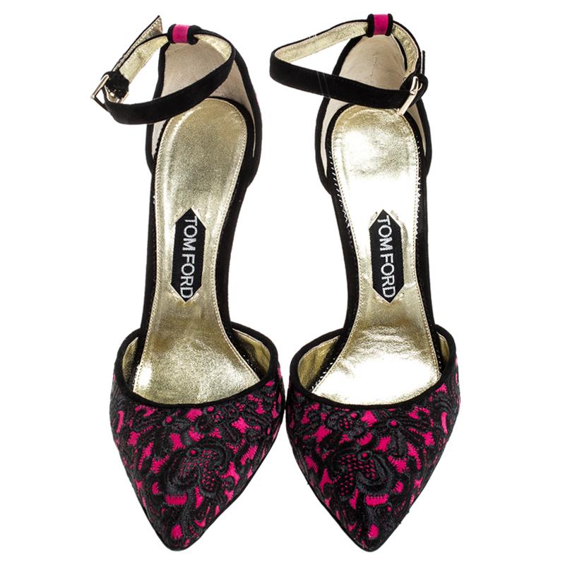 These stunning d'Orsay pumps by Tom Ford will keep your feet looking pretty and feminine. Crafted from pink and black embroidered suede, these pumps are a luxurious creation. They are styled with pointed toes, buckled ankle straps, 13 cm heels,
