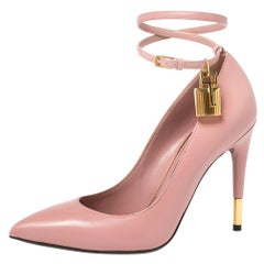 Tom Ford Pink Leather Padlock Ankle Strap Pointed Toe Pumps Size 37.5