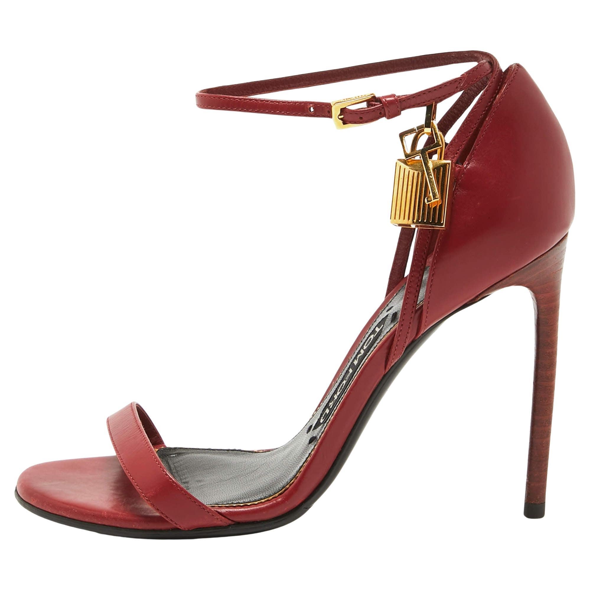 Tom Ford Red Leather Padlock Ankle Strap Sandals Size 37.5 For Sale