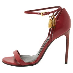 Used Tom Ford Red Leather Padlock Ankle Strap Sandals Size 37.5