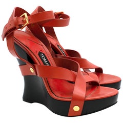 Tom Ford Red Leather Sculptural Platform Wedge Sandals - Size 37.5